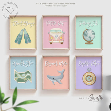 Pastel travel themed nursery, pastel beach baby room, adventure explore travel journey discover signs, whale compass globe map wall prints