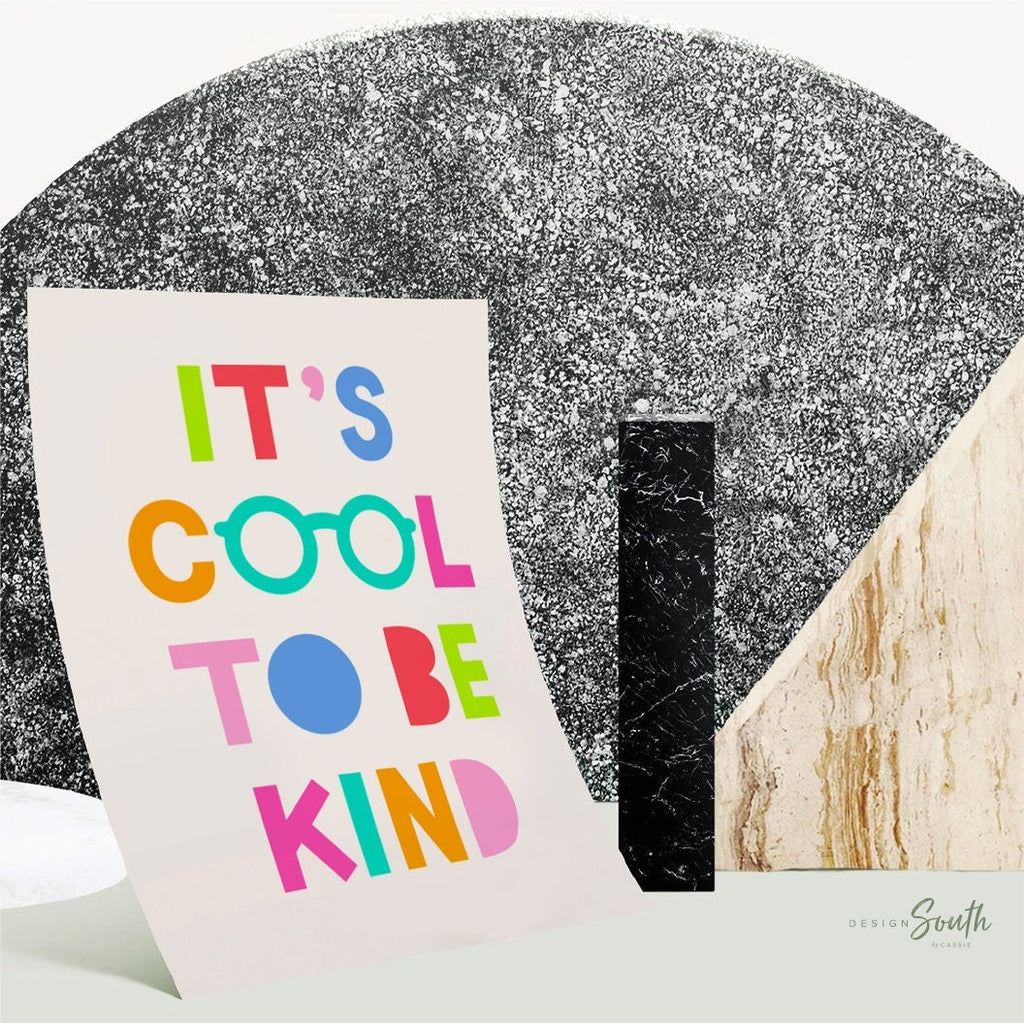Its cool to be kind, kids wall art quote saying cool to be kind, colorful bright playroom art, bright playroom decor kindness affirmation