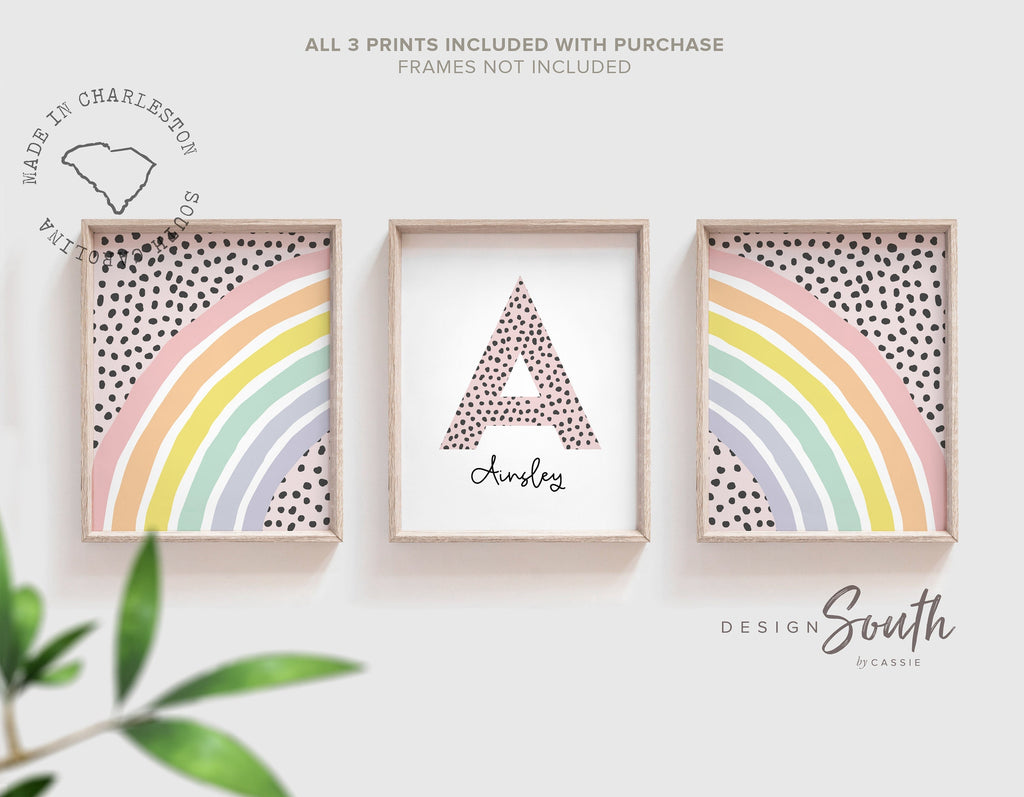 Rainbow nursery monogram art print, baby girl monogram nursery wall art, custom nursery wall art, rainbow monogram letter, polka dots kids
