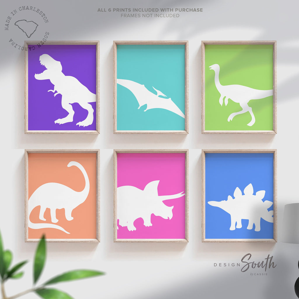 Colorful dinosaur art, bright colored dinosaurs, toddler girl dinosaur art, dinosaur girl bedroom wall art prints, gallery wall dinosaurs