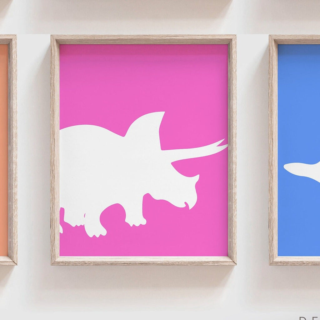 Colorful dinosaur art, bright colored dinosaurs, toddler girl dinosaur art, dinosaur girl bedroom wall art prints, gallery wall dinosaurs