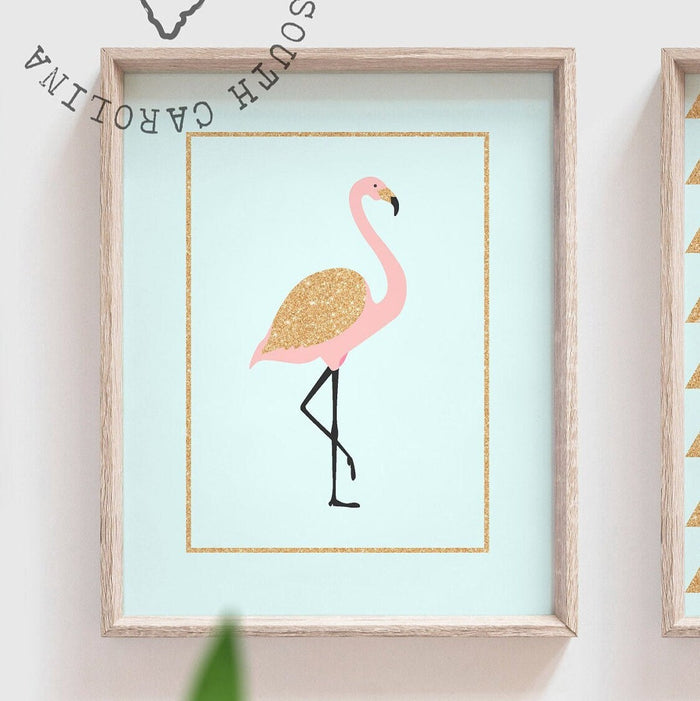 Aqua pink gold tropical art, girls name print baby birth stats, gold sparkle baby room, pink flamingo tropical baby shower gift for girl