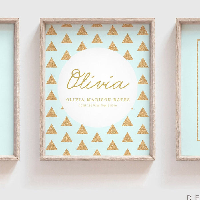 Aqua pink gold tropical art, girls name print baby birth stats, gold sparkle baby room, pink flamingo tropical baby shower gift for girl