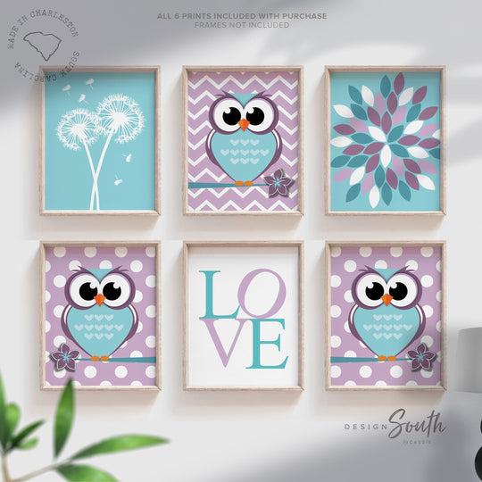 Baby girls nursery decor, owl nursery decor, girls owl nursery, flowers, chevron, purple and aqua blue decor, girls, girls nursery decor