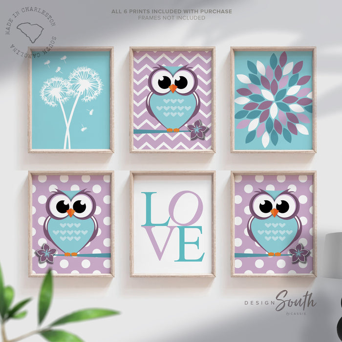 Baby girls nursery decor, owl nursery decor, girls owl nursery, flowers, chevron, purple and aqua blue decor, girls, girls nursery decor