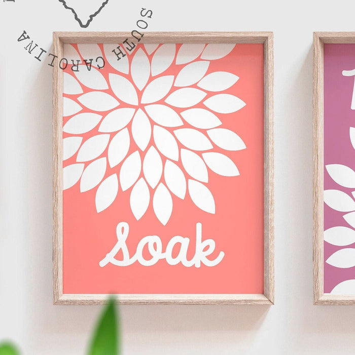 Bathroom wall decor, soak, relax, unwind, dahlia print for bathroom, adult bathroom decor, children's bathroom decor, bathroom flower art