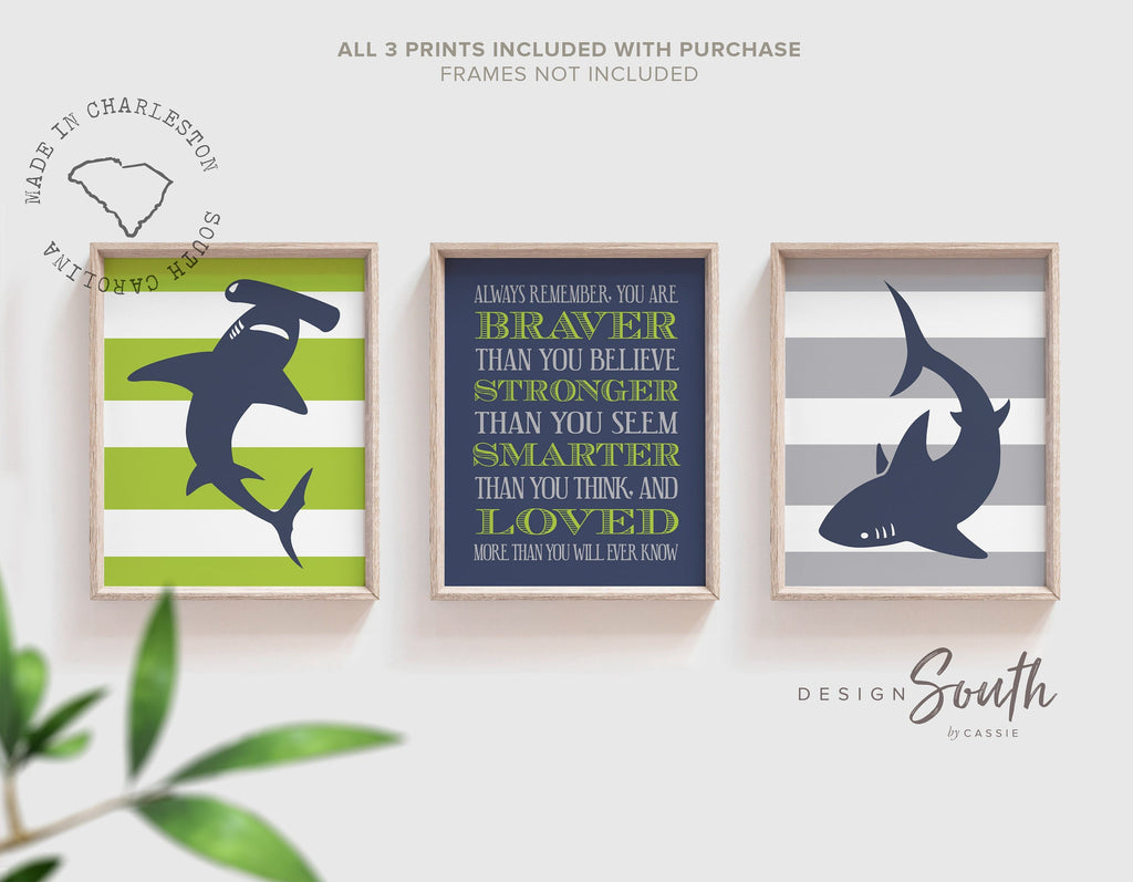 Shark boys room navy blue gray and green, braver smarter stronger boys inspirational quote, toddler shark themed room art, decor little boy