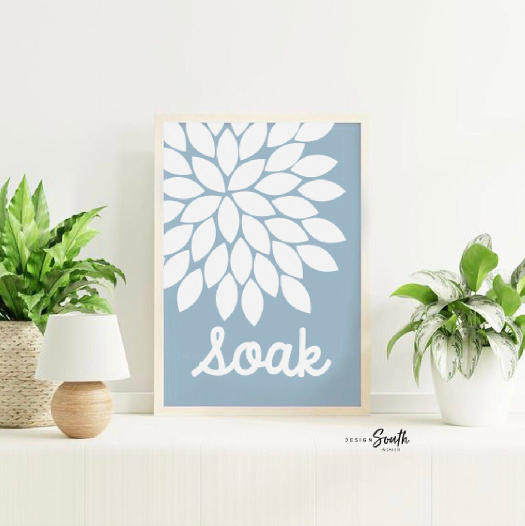 Blue gray adult bathroom art, prints for bathroom, soak relax unwind, floral print for bathroom, adult bathroom decor, bathroom flower art