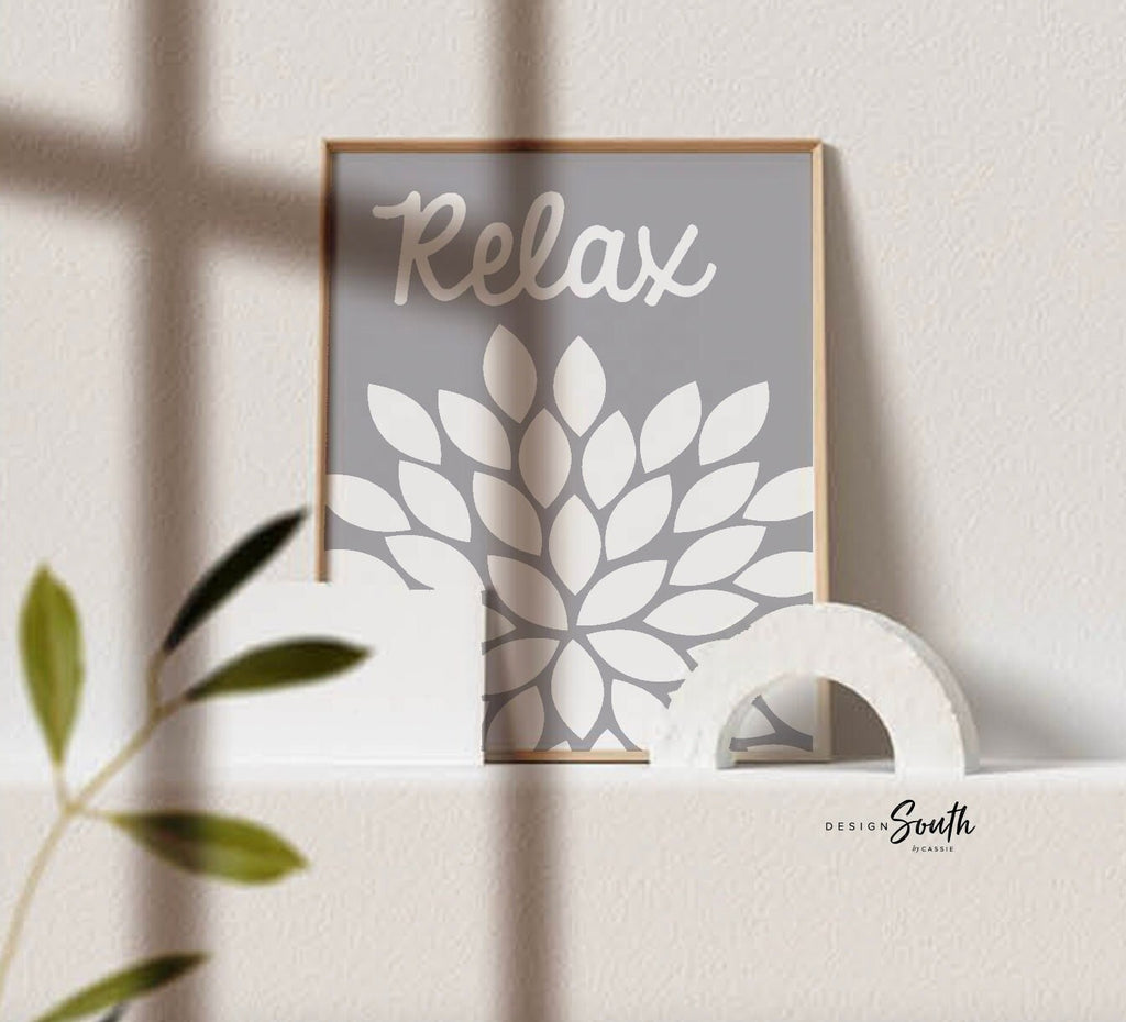 Blue gray adult bathroom art, prints for bathroom, soak relax unwind, floral print for bathroom, adult bathroom decor, bathroom flower art