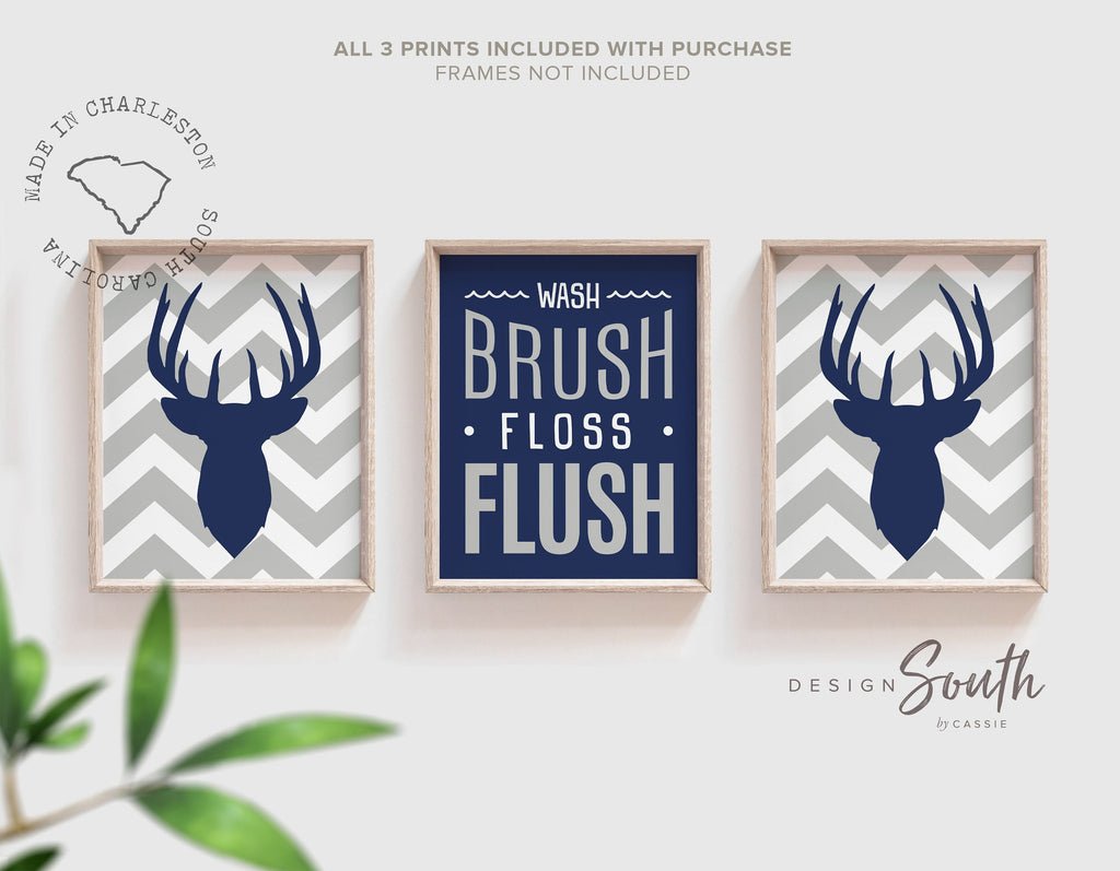 Boys bathroom decor, deer theme bathroom, wash, brush, floss, flush, navy blue and gray, deer wall decor, bathroom prints for boys, bucks