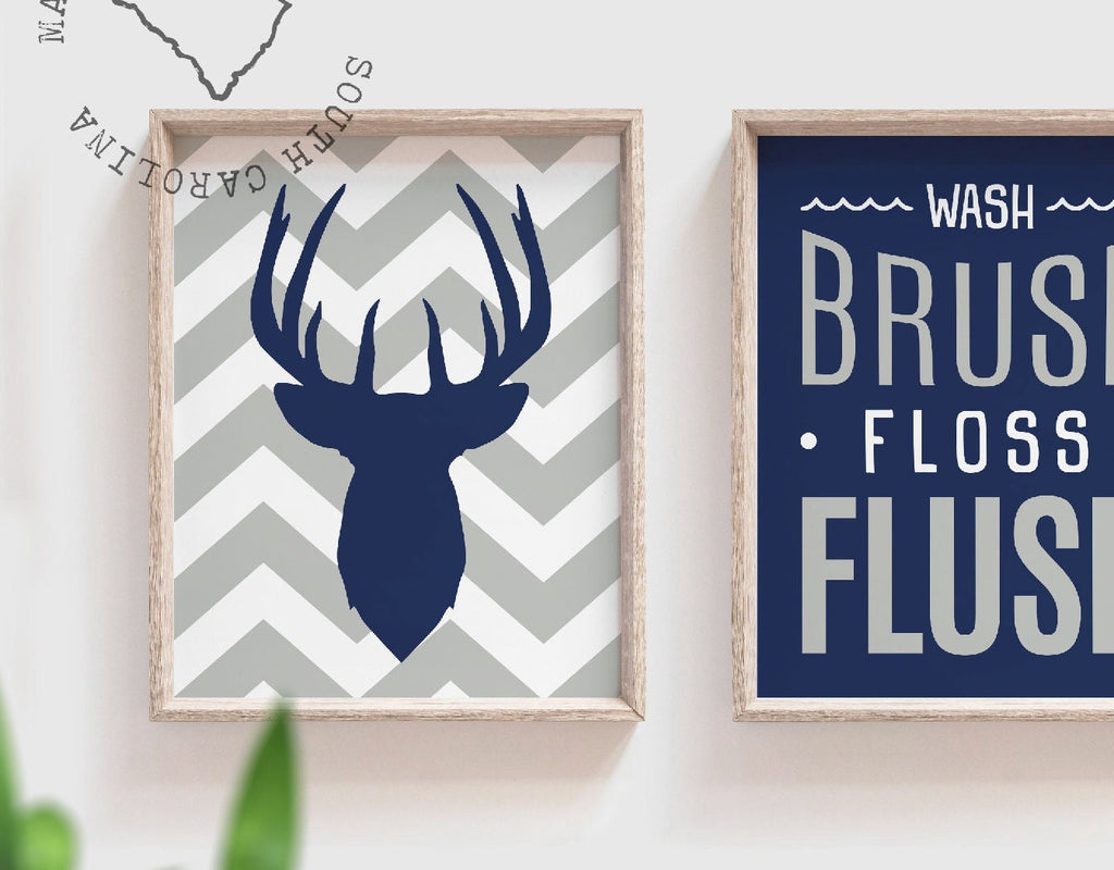 Boys bathroom decor, deer theme bathroom, wash, brush, floss, flush, navy blue and gray, deer wall decor, bathroom prints for boys, bucks