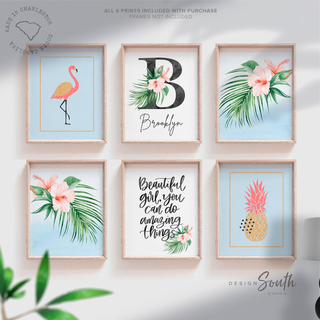 Palm tropical vibrant prints, bright floral tropical nursery decor, tropical beach baby room, pink blue gold tropical girl nursery bedroom