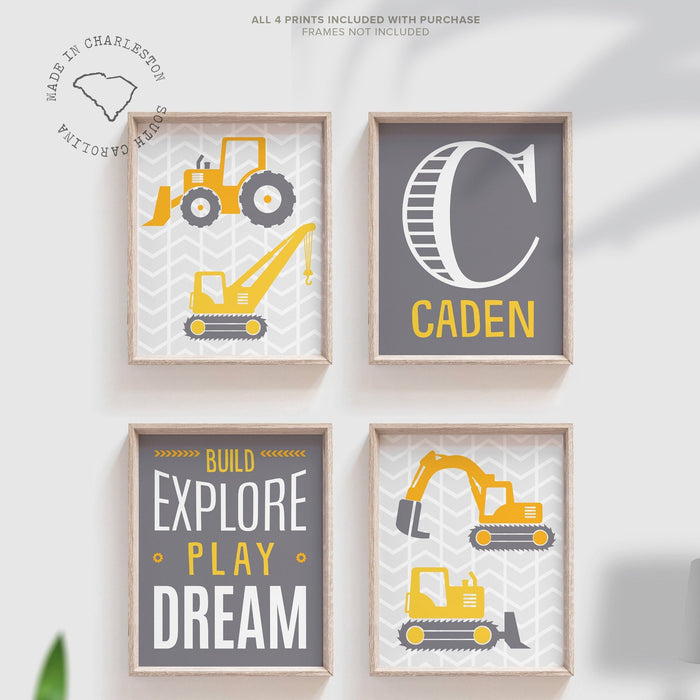 Boys construction trucks bedroom gray, toddler bedroom bulldozer excavator, dump truck room decor wall art print set, personalized kids gift