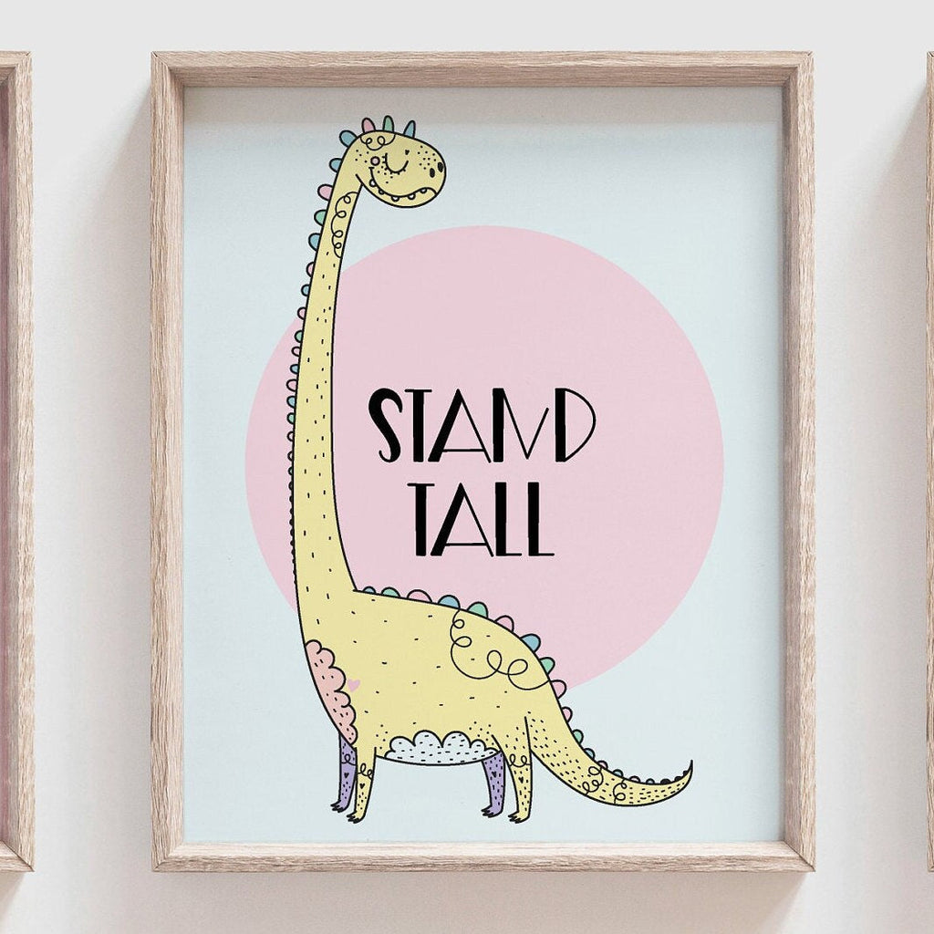 Girls pink purple dinosaur art, girly dinosaur theme, girl dinosaurs pink purple yellow, modern colorful dinosaur print set, dinosaur wall