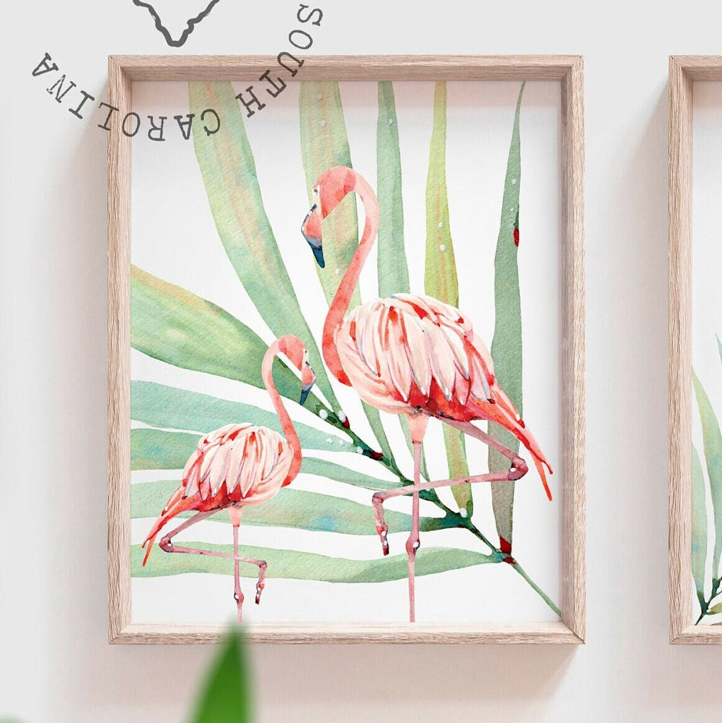Flamingo print art set, above crib tropical wall, flamingo nursery decor, baby room decor, newborn flamingo nursery pink and green