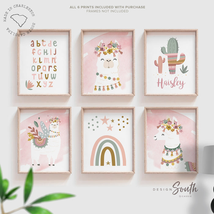 Mauve pink llamas, little girl bedroom art llama themed, baby girl llama art flower crowns, girl boho llamas, boho baby room mauve colors