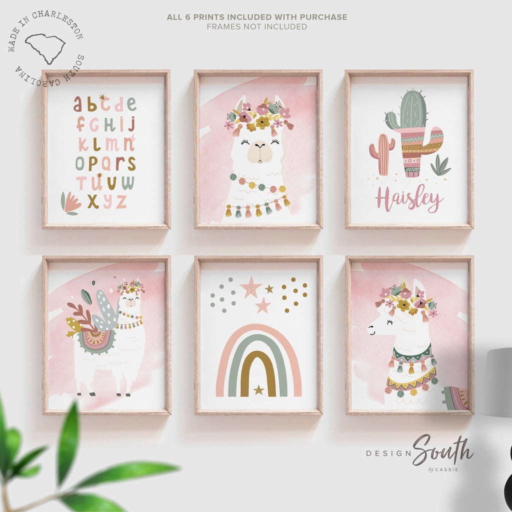 Mauve pink llamas, little girl bedroom art llama themed, baby girl llama art flower crowns, girl boho llamas, boho baby room mauve colors
