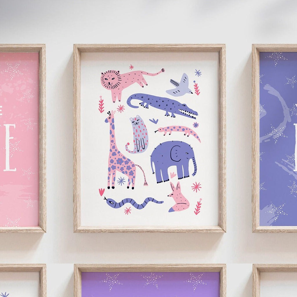 Pink and purple bedroom art, little girl room wall prints, playroom pink and purple ideas, girl inspiring art, pink animal wall art prints
