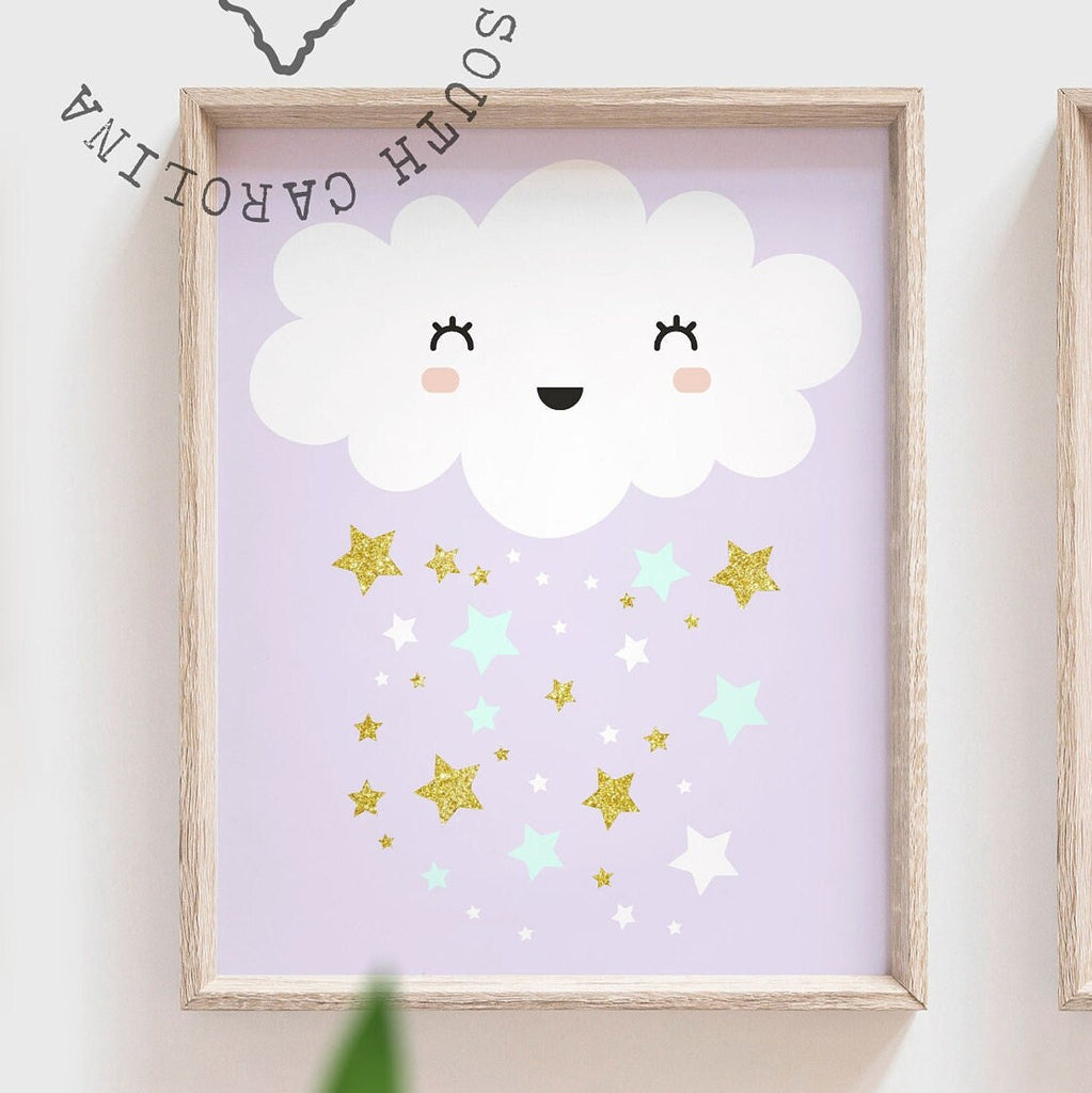 Girls nursery art, purple lilac mint gold, dream big, stars clouds moon, wall decor for baby girl room, baby shower gift girl, nursery art