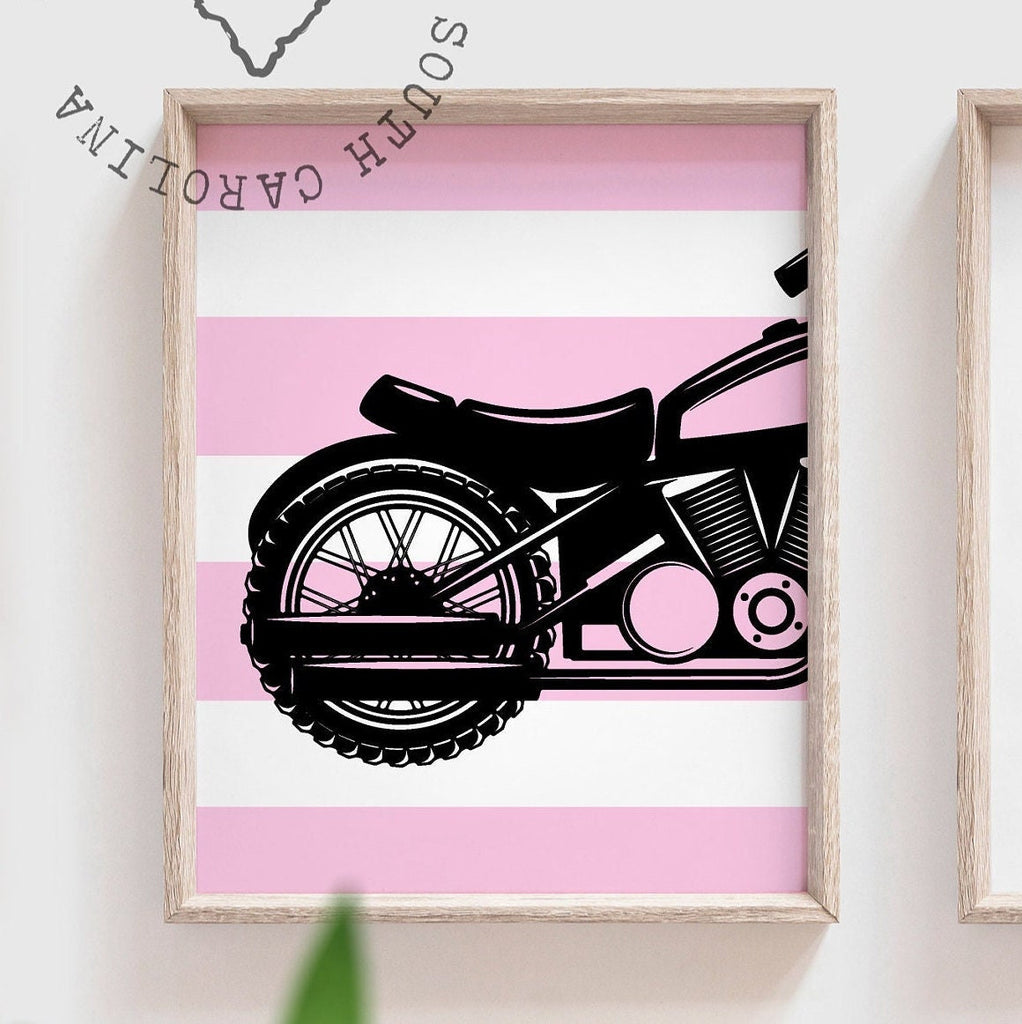 Toddler girl pink motorcycle themed art, girls motorcycle customized name print, pink harley davidson bedroom decor, baby pink harley wall