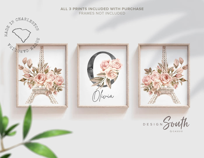 Paris girl baby name eiffel tower decor set, blush mauve pale pink flower nursery, paris themed girl's bedroom, paris shower baby gift idea