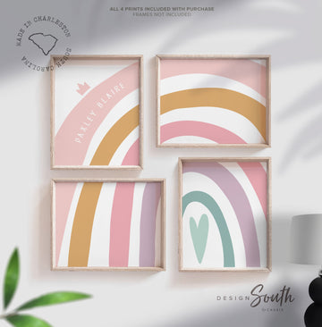 Rainbow nursery or bedroom, baby girl wall art theme pastel rainbow personalized name, pink nursery art prints, rainbow baby room wall decor