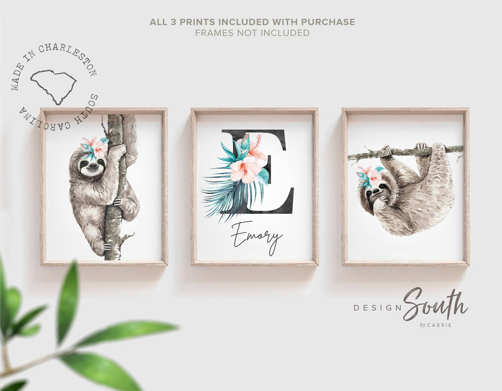 Girl sloth decor nursery bedroom, sloth themed baby shower gift girl, little girl bedroom sloth wall ideas, pink teal sloth wall print set
