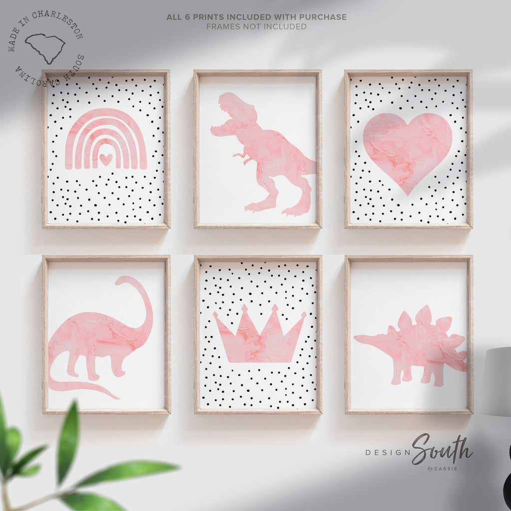 Girl dinosaurs hearts rainbows, girl pink dinosaur themed nursery, girl dinosaur bedroom wall art, pink dinosaurs, 6 girly dinosaur prints