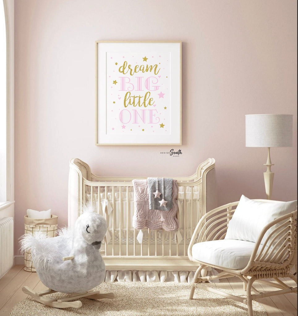 Pink and gold star nursery decor, wall art prints for girl room, pink gold sparkle art, pink moon cloud star nursery, dream big little one