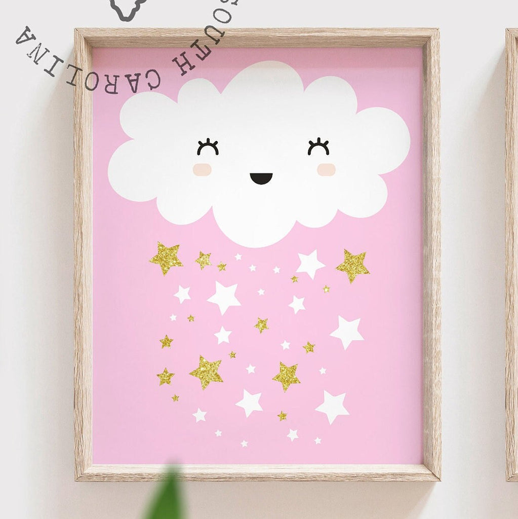 Pink and gold star nursery decor, wall art prints for girl room, pink gold sparkle art, pink moon cloud star nursery, dream big little one