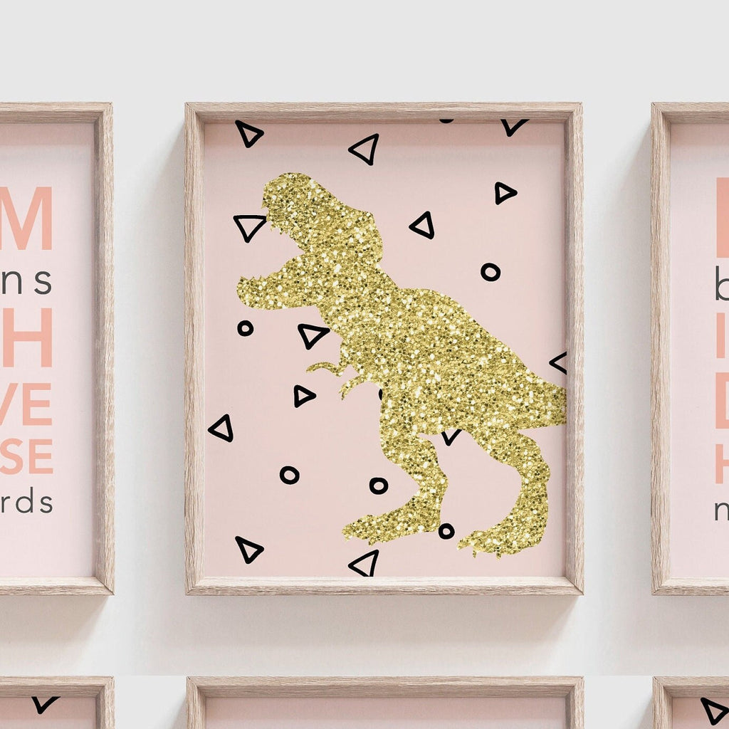 Pink gold dinosaur, pink playroom girl decor, toddler girl dinosaur wall art bedroom, gold glitter sparkles little girl art, gold dinosaurs