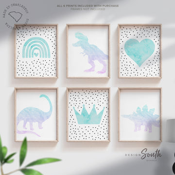 Ombre purple and aqua teal blue girls art, little girl toddler room dinosaur lover, purple teal dinosaurs, playroom art for girl dinosaurs