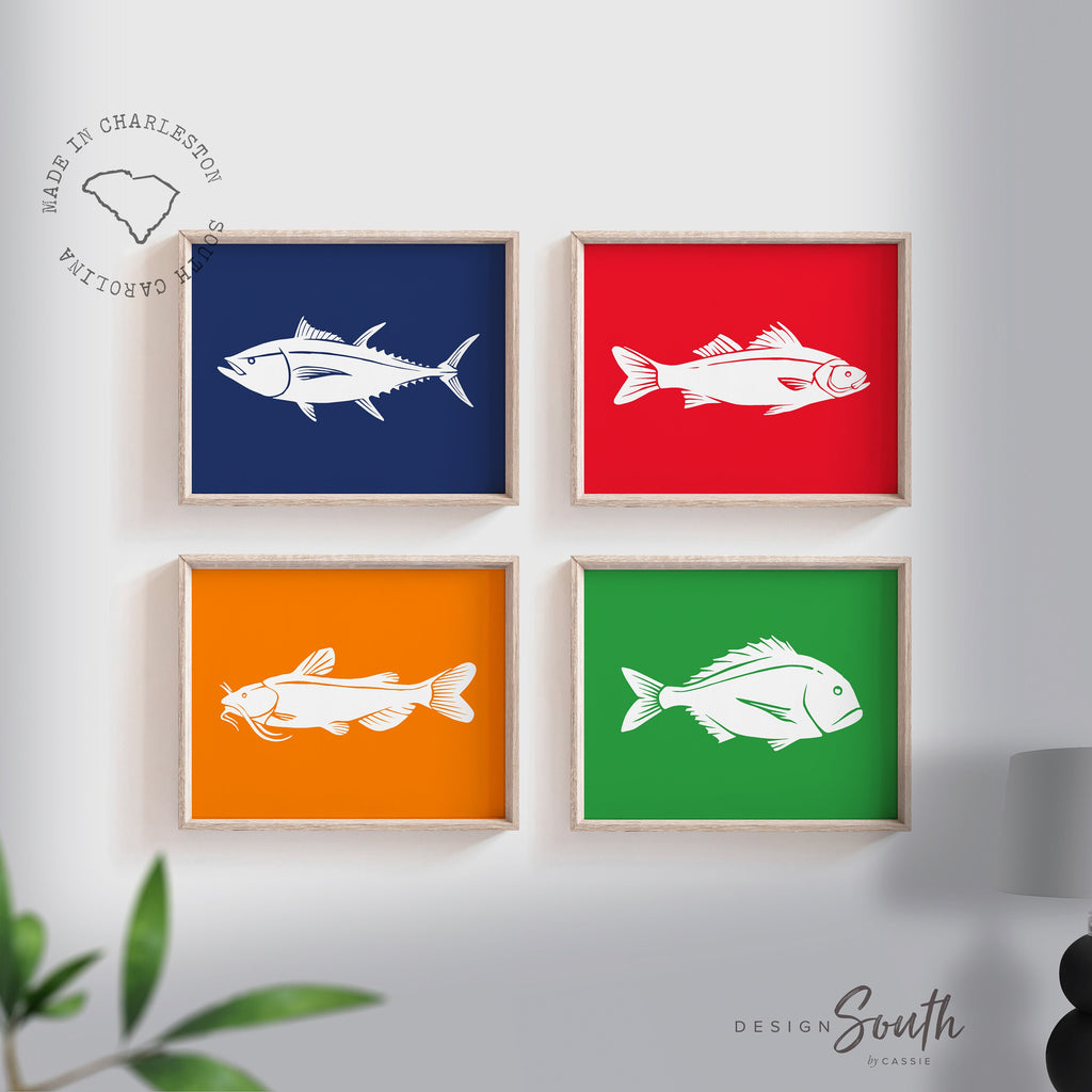 Boys room bright fish art, wall decor for boy bedroom fish themed, red blue green orange fish art prints, gift for boy fish, child fish art