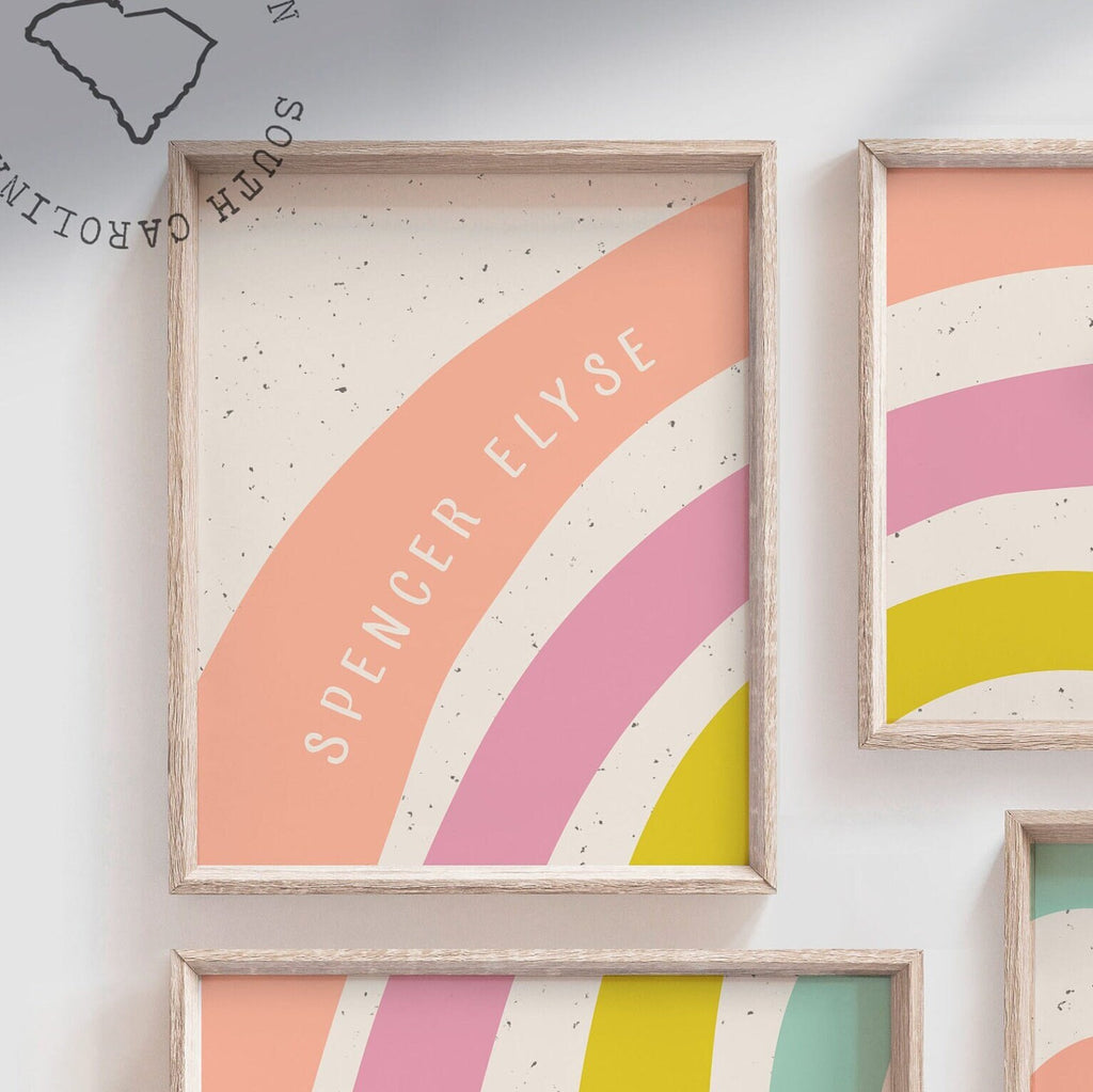 Monogram art, heart print set, rainbow monogram nursery decor for girls, girl's poster prints for playroom, rainbow themed bedroom wall art