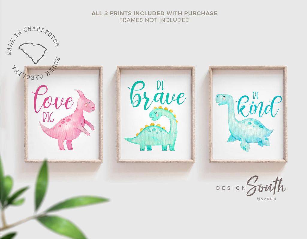 Sweet baby dinosaurs, nursery dinosaur themed wall art pink mint blue, love big be kind be brave with dinosaur, baby decor dinosaur wall art
