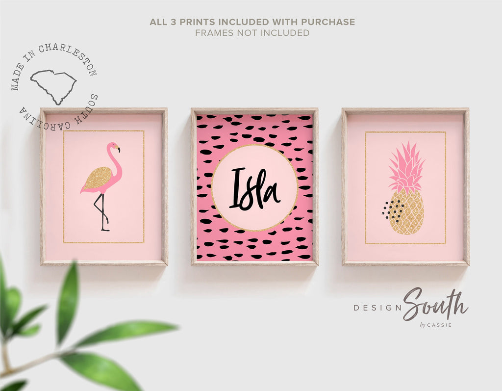 Nursery prints flamingo decor, pink and gold girls wall decor, flamingo tropical art set, pink gold pineapple nursery, personalized nursery