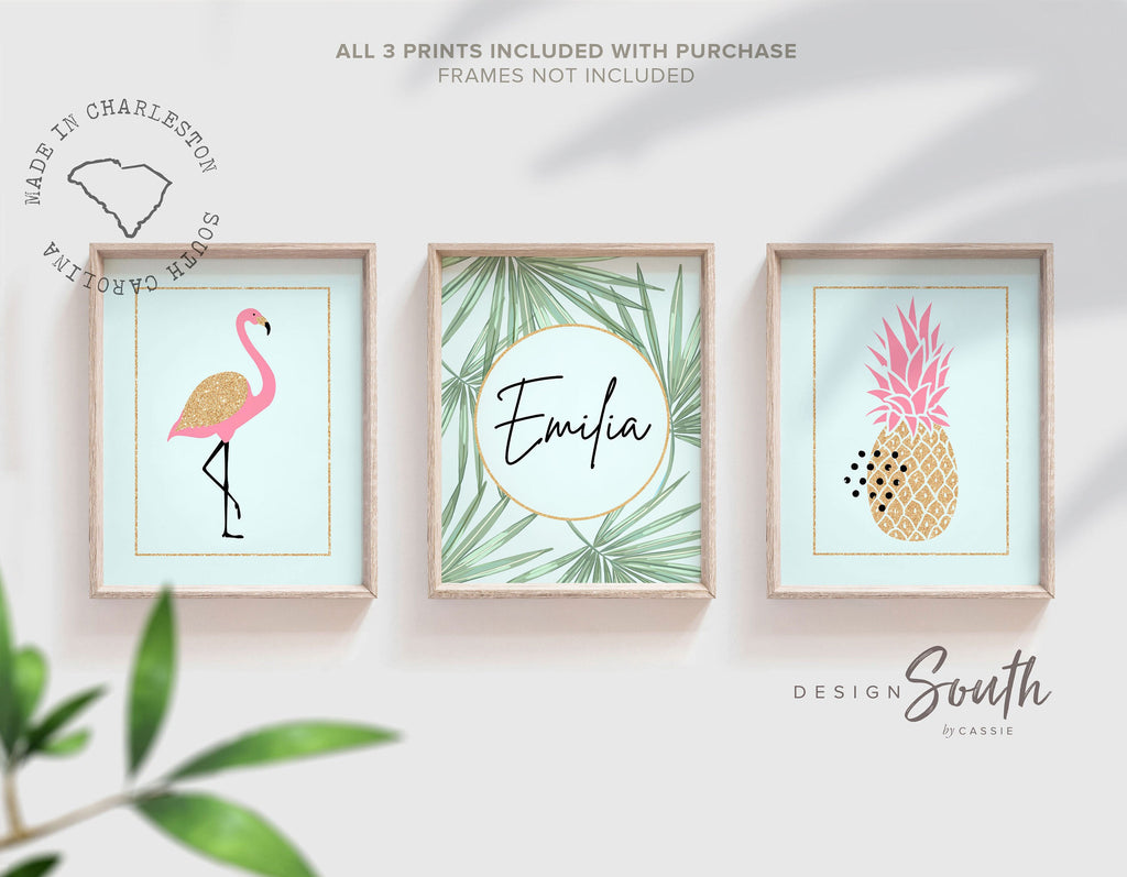 Nursery prints flamingo decor, pink aqua and gold girls decor, flamingo tropical art set, pink aqua flamingo nursery, personalized nursery