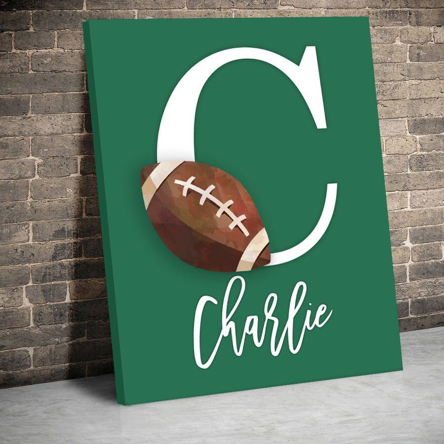 Green gray sports theme, little boys name gift, sports wall art, athlete baby boy gift, artwork above bed sports theme, basketball football