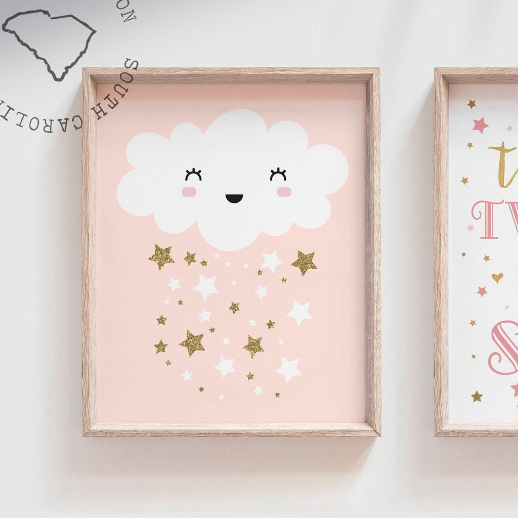 Pink cloud nursery art, modern baby girl room prints, pink baby room nursery decor, pink twinkle twinkle little star, girl nursery gift idea