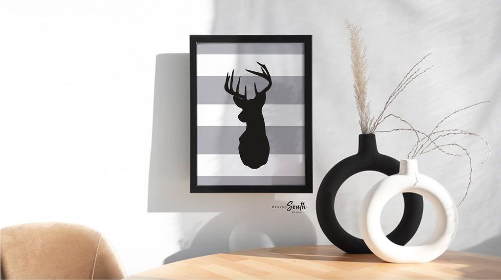 Nursery deer decor, deer prints, buck deer, black and gray deer art, deer art for playroom, deer for child's bathroom, personalized deer art