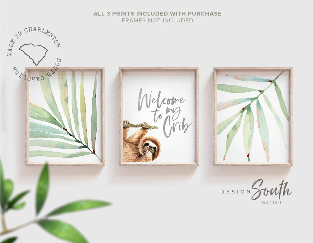Sloth wall art set, sloth themed baby nursery, sloth nursery ideas, sloth tropical rainforest room decor, neutral sloth green gray newborn