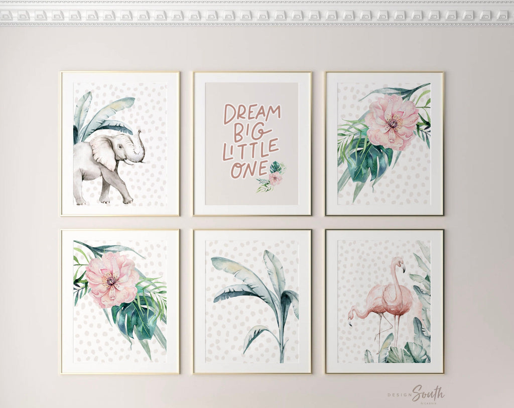 Girl nursery decor, palm leaf tropical theme nursery art, jungle theme safari animal baby girl wall, pink gray safari nursery wall art decor