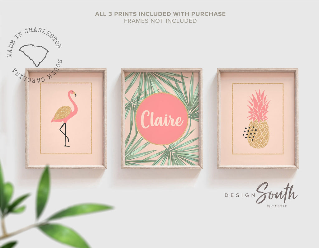 Coral gold flamingo nursery decor, girls nursery decor coral and gold, tropical nursery theme, girls tropical bedroom, wall decor coral gold