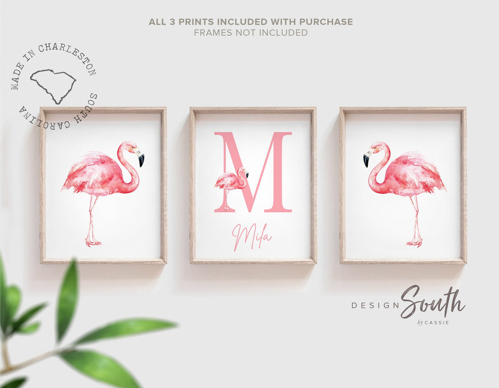 Pink flamingo nursery art, pink nursery decor baby name and flamingo, girls name customized with pink flamingos, tropical nursery themed art