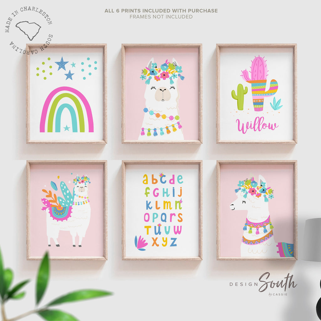 Bright colorful llama art, personalized name sign with llamas flowers, cactus rainbows stars llamas art prints, set of 6 art prints llamas