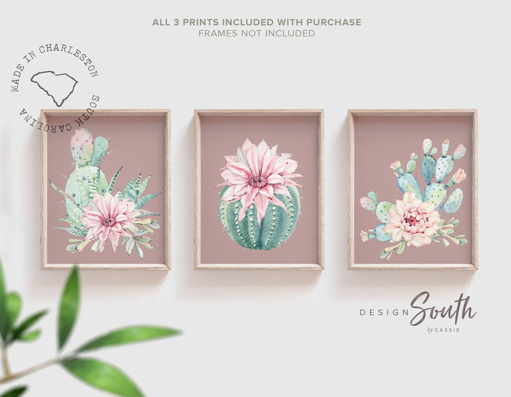 Succulent wall art print, mauve bathroom decor, ideas for bathroom decorating, cactus blooms theme, mauve bathroom art for adult or children