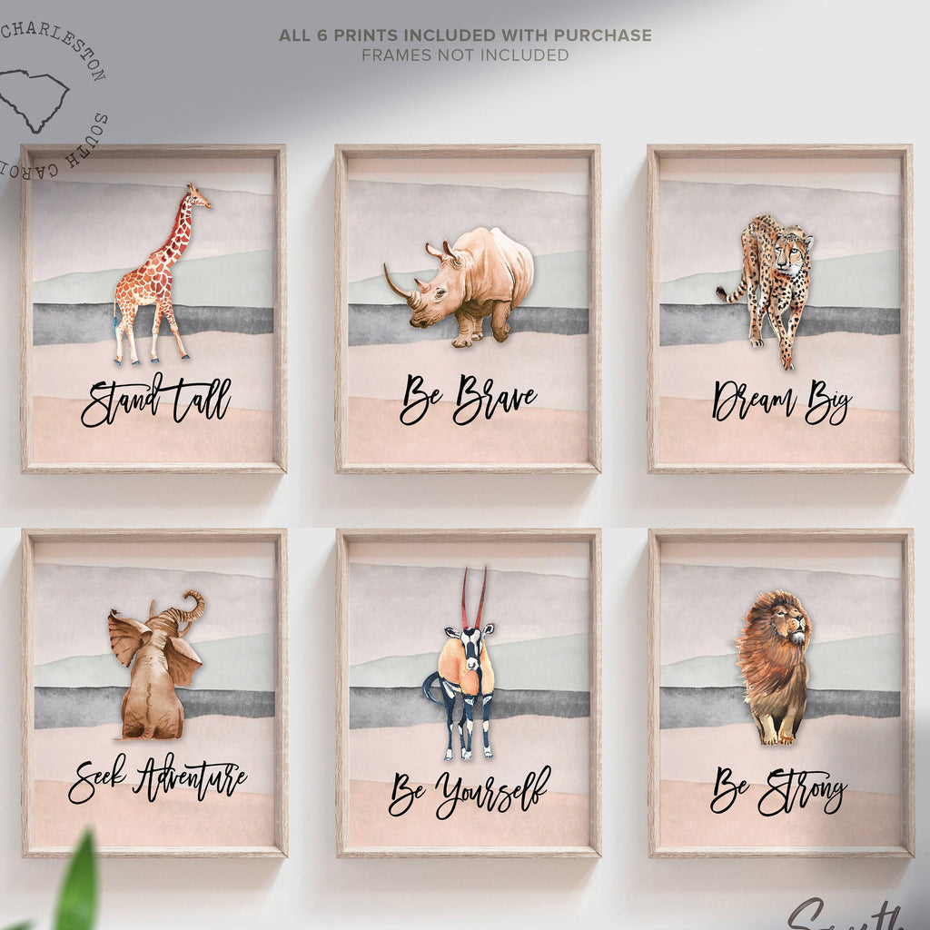 Modern kids playroom decor, animal wall art collection, neutral shared bedroom boy girl inspirational, kids animal art giraffe elephant lion