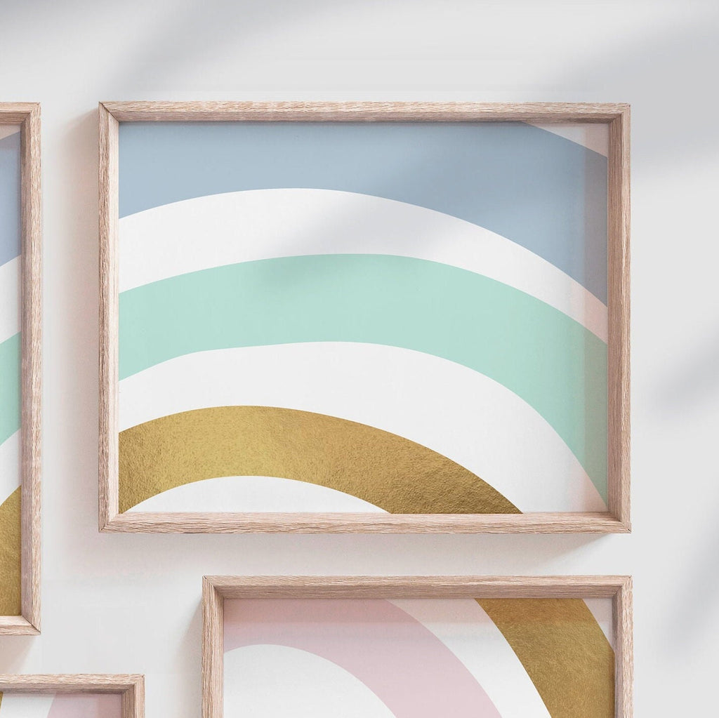 Blue aqua and gold nursery bedroom baby room decor, nursery girl's name art prints, wall art rainbow themed blue gold, personalized nursery