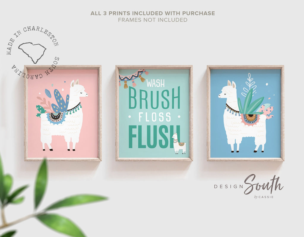 Llama bathroom, alpaca llama cactus childish cute set, llama themed bathroom wall art prints decorations, set of 3 llamas for kids bathroom