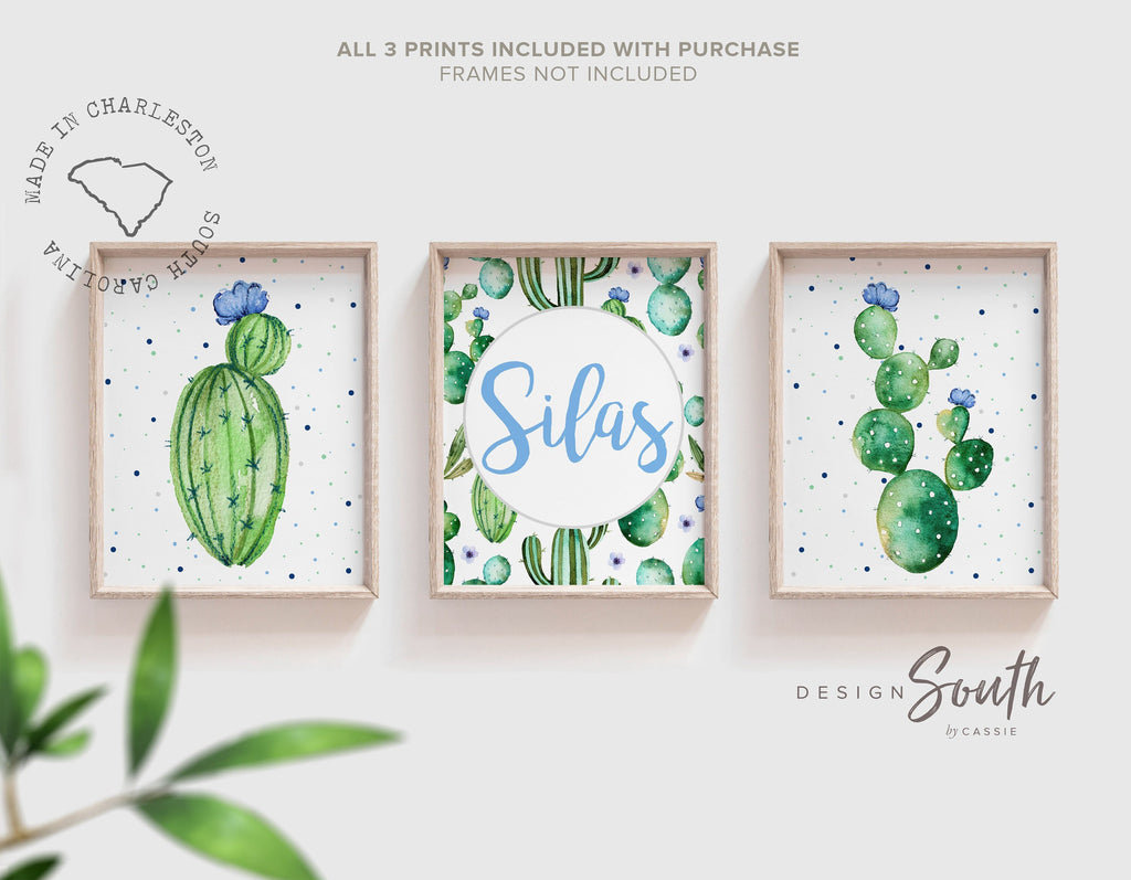 Cactus nursery succulents, personalized wall art, blue floral baby name gift, watercolor desert cactus, cactus blooms, boys nursery ideas blue name